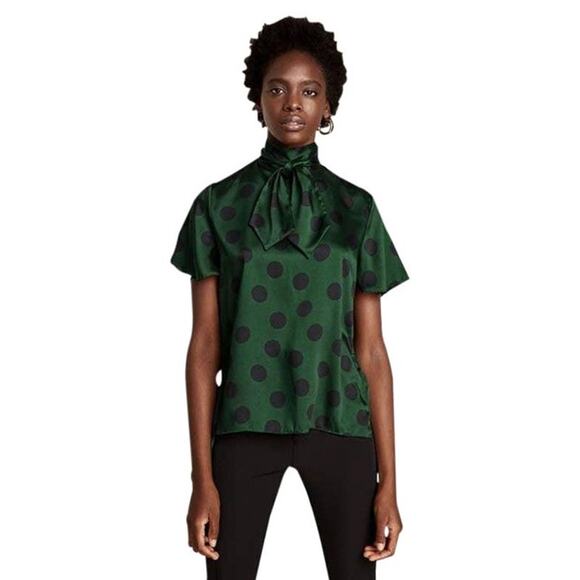 Zara Womens Blouse Size Medium Silky Polka Dot Bow Necktie Green Black NEW - Picture 1 of 9